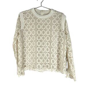 A Brand Lace Long Sleeve Tap Ribbed Trim Cream L XL